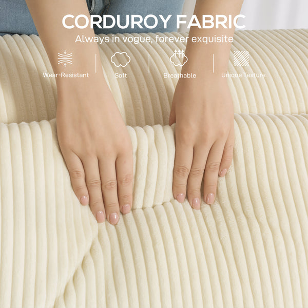 Canapé 3 places en velours côtelé avec assise profonde, larges accoudoirs, 2 coussins, Beige