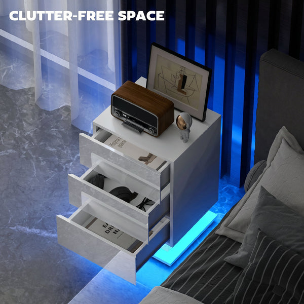 Table de chevet moderne avec éclairage LED RGB et 3 tiroirs – Blanc
