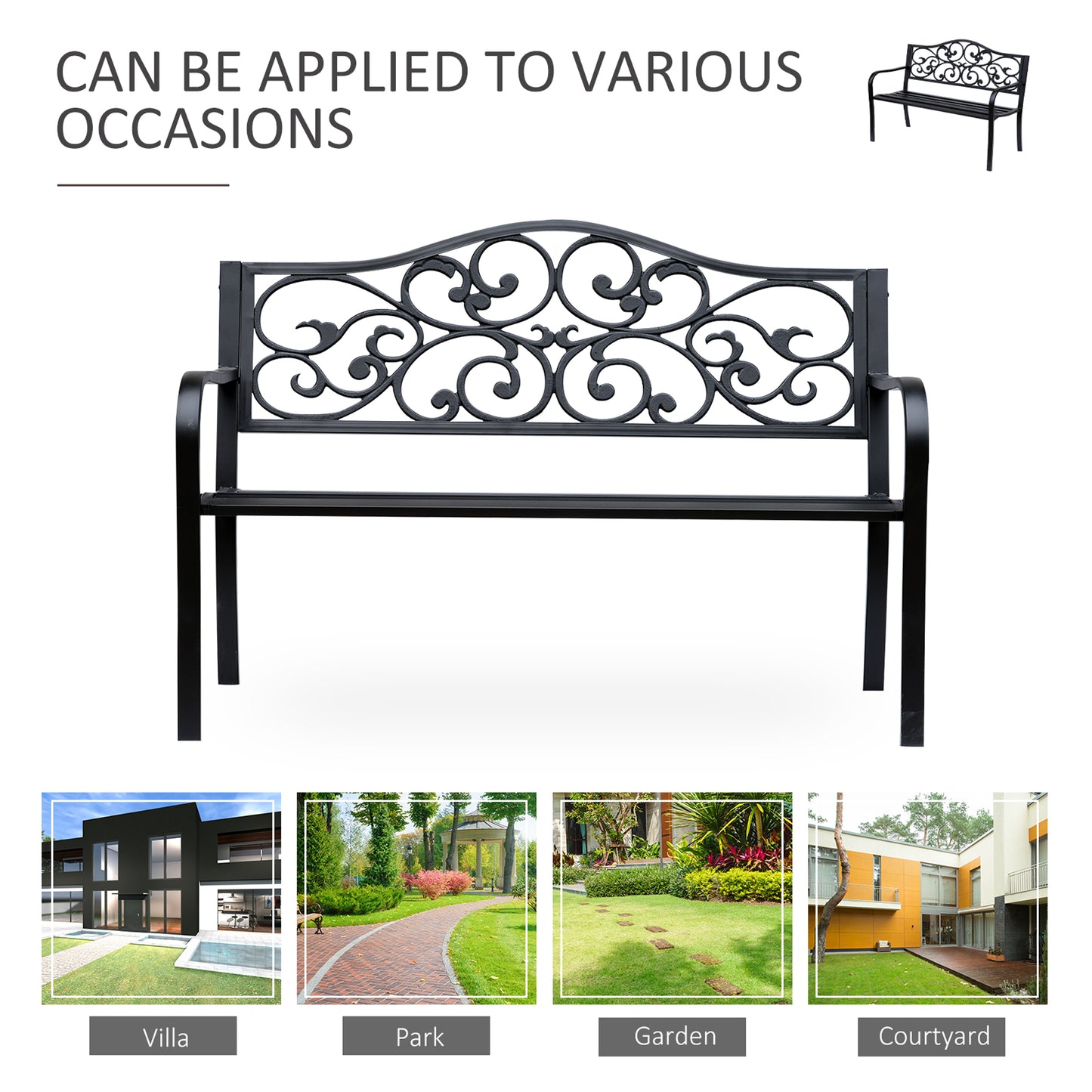 Banc de jardin d'extérieur avec motif floral vintage, en métal moulé, noir
