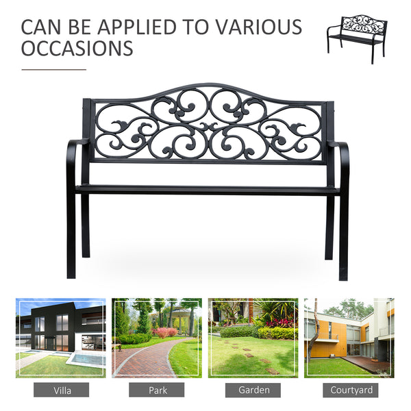Banc de jardin d'extérieur avec motif floral vintage, en métal moulé, noir