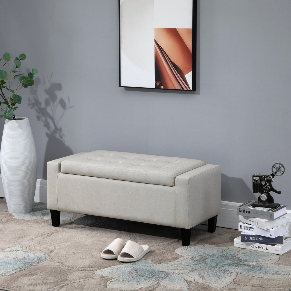 Banc ottoman de rangement capitonné en tissu toucher lin avec plateau rabattable, beige