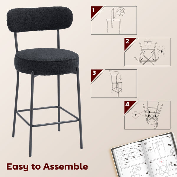 Lot de 2 tabourets de bar rembourrés avec dossier et repose-pieds, noir