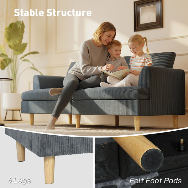 Canapé 3 places en velours côtelé moderne et pieds en bois massif, gris foncé