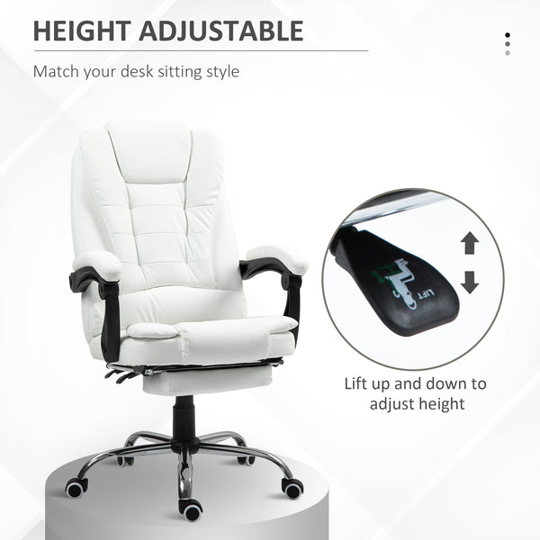 Fauteuil de bureau à dossier haut en cuir synthétique avec repose-pieds rétractable et accoudoirs rembourrés, blanche