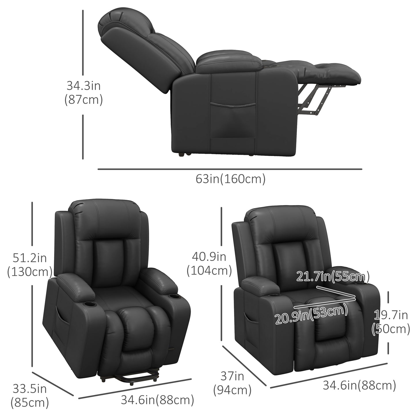 Fauteuil releveur électrique, inclinable avec repose-pieds, télécommande et porte-gobelets, gris