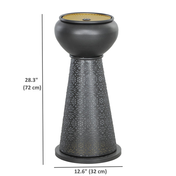Fontaine d'extérieur avec lumières LED, cascade de jardin à débit réglable avec base florale découpée, gris foncé et jaune