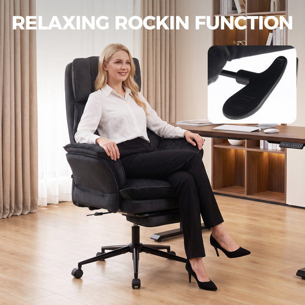 Chaise de bureau inclinable en velours avec repose-pieds et accoudoirs relevables, noir