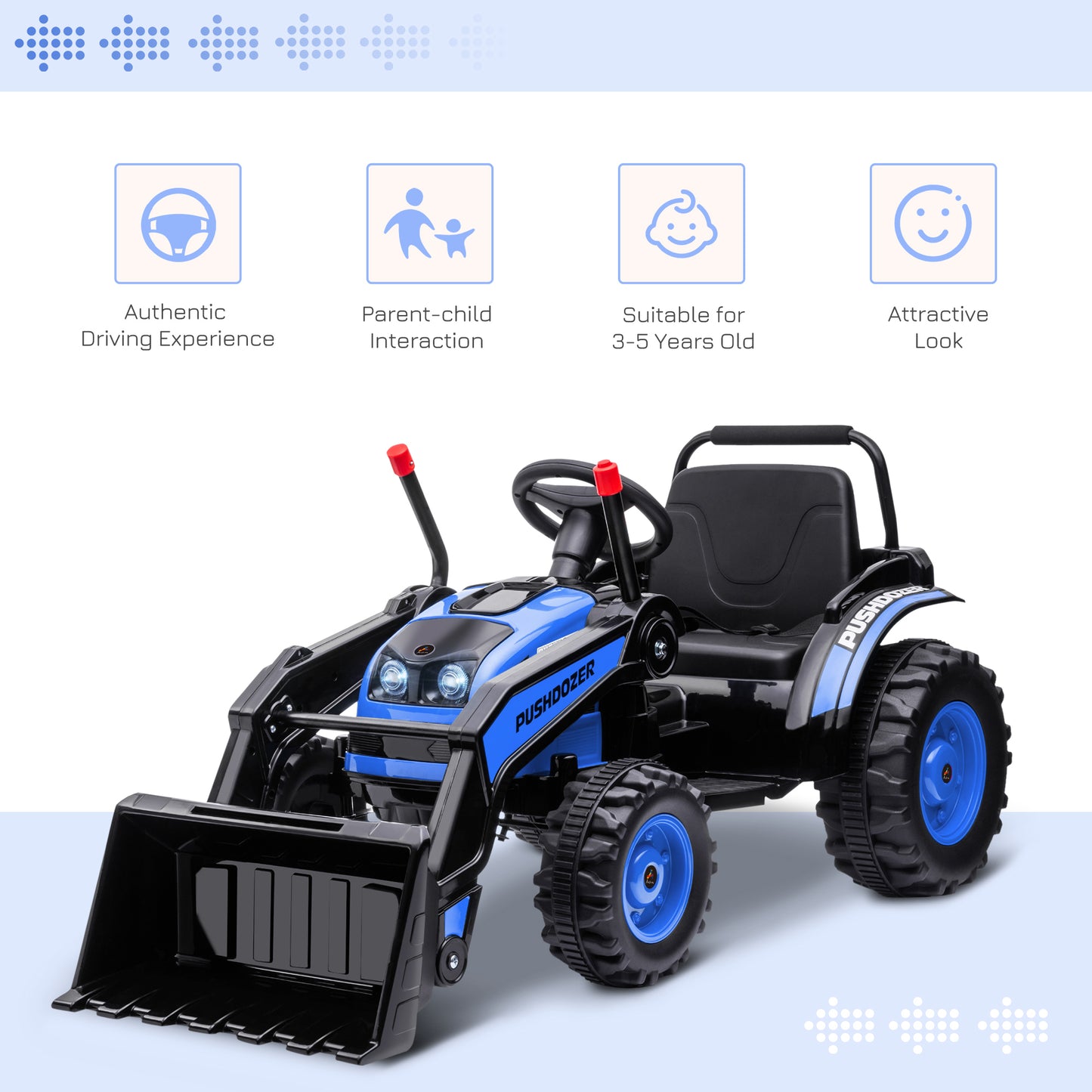6V Battery Powered Kids Tractor, Ride-On Excavator, Music, Front Headlight, Reverse, Blue