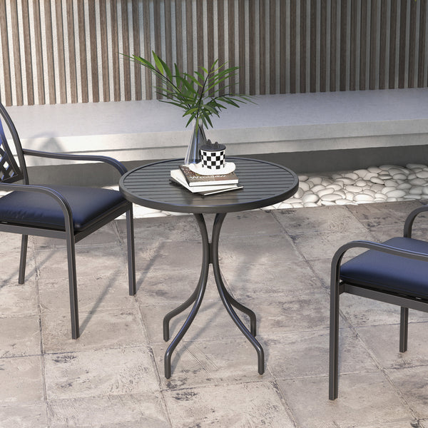 26" Round Patio Table, Outdoor Side Table with Steel Frame and Slat Tabletop for Garden, Balcony, Black
