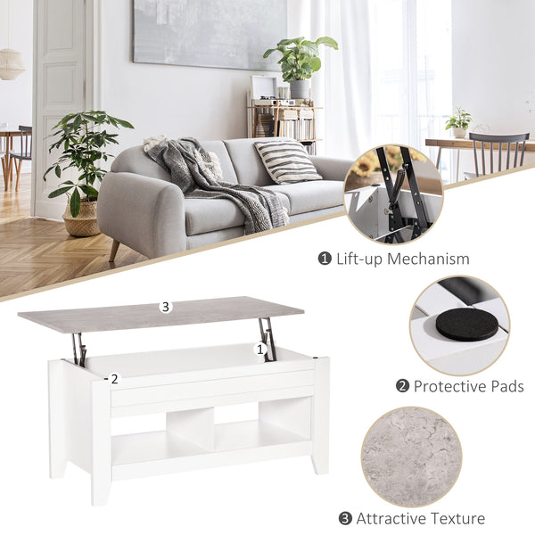 Table basse relevable avec compartiment de rangement dissimulé et étagères ouvertes, blanche