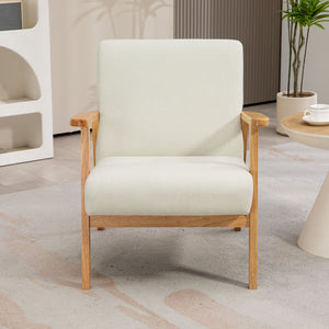 Fauteuil d'appoint rétro en tissu avec accoudoirs en bois, blanc crème