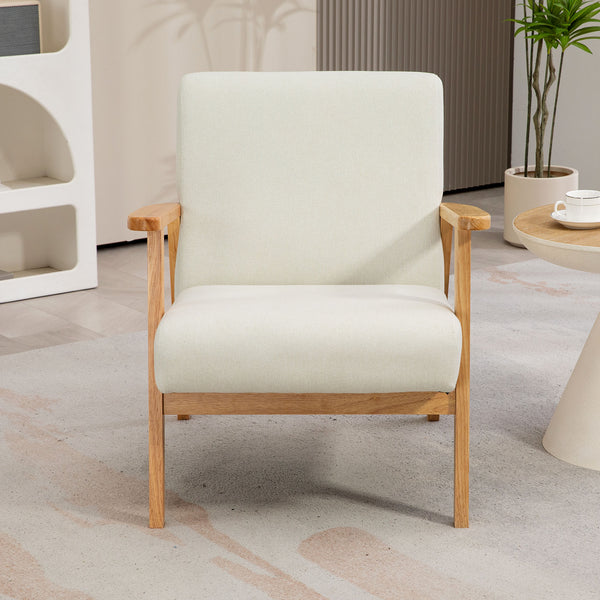 Fauteuil d'appoint rétro en tissu avec accoudoirs en bois, blanc crème