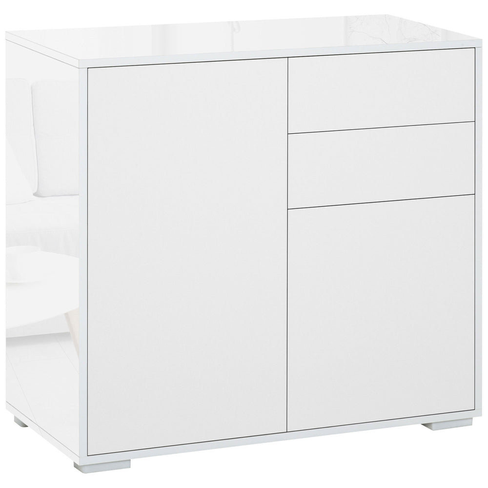 Buffet laqué brillant avec 2 tiroirs, 2 portes et une étagère réglable, ouverture par simple pression, blanc