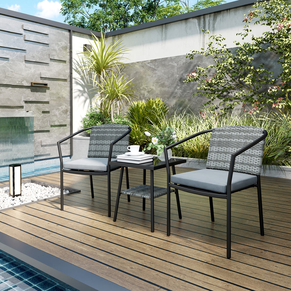 Outdoor Bistro Set, 3 Piece Wicker Patio Furniture Set with Armchairs, 2-Tier Glass Table, Cushions, Dark Grey