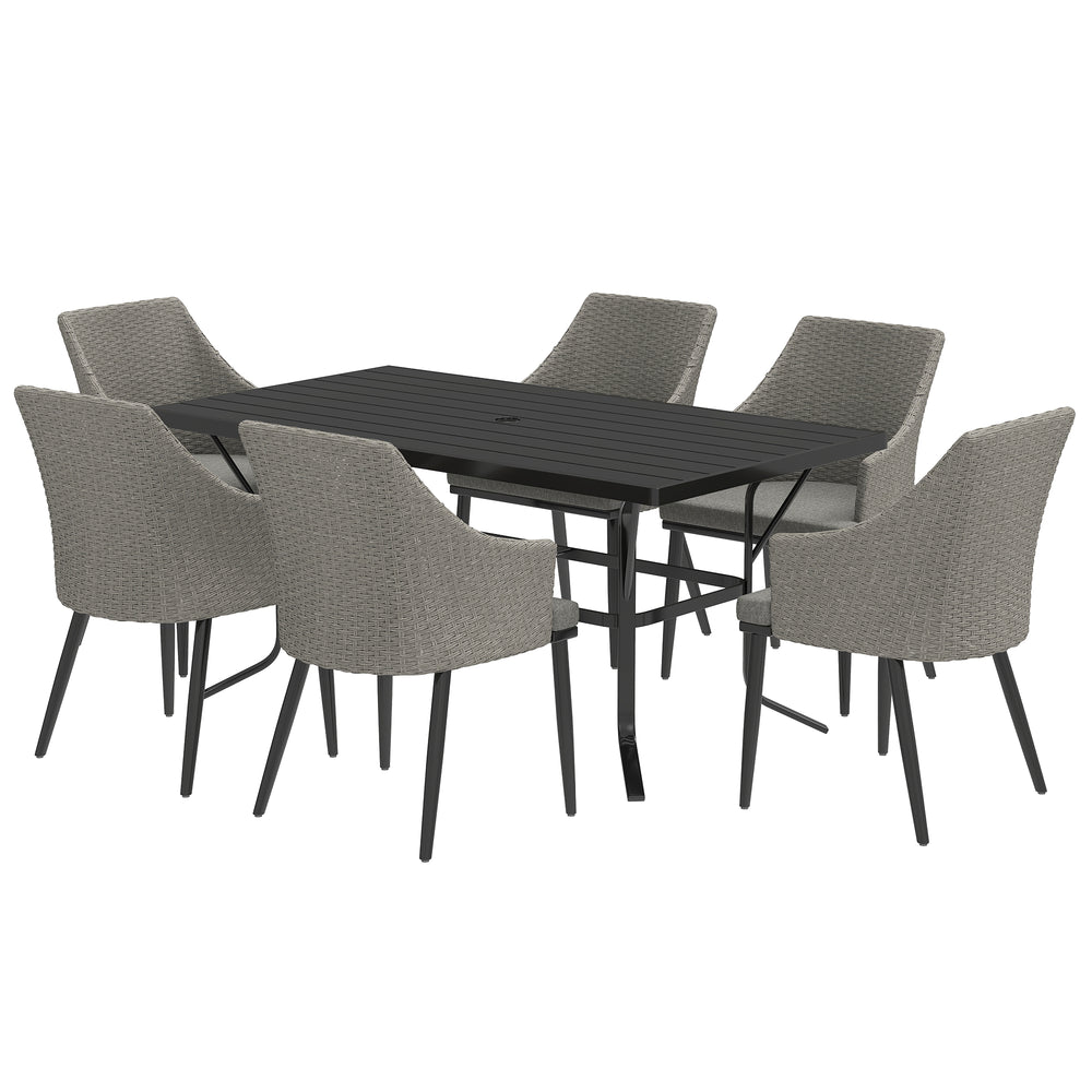 Ensemble de meubles de jardin 7 pièces en osier avec coussins, trou pour parasol, plateau à lattes, pour jardin, véranda, balcon