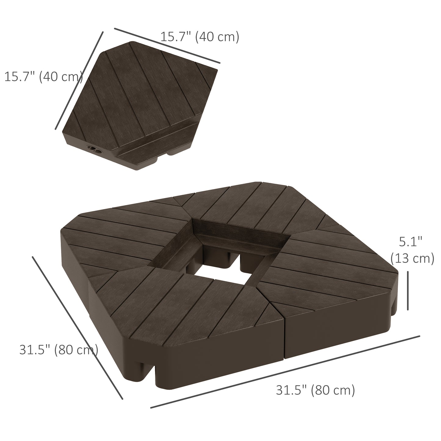 Base de parasol déportée avec poids pour parasol d'extérieur, capacité de 60 kg (eau) ou 79 kg (sable), marron