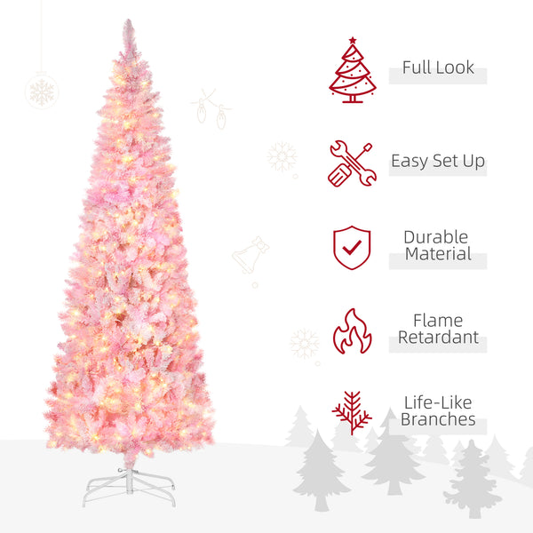 Sapin de Noël artificiel pré-éclairé de 7,5 pieds en forme de crayon rose et blanc