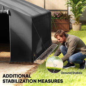 Portable waterproof garden shed with roll-up zip door and reinforced galvanized metal frame, dark grey