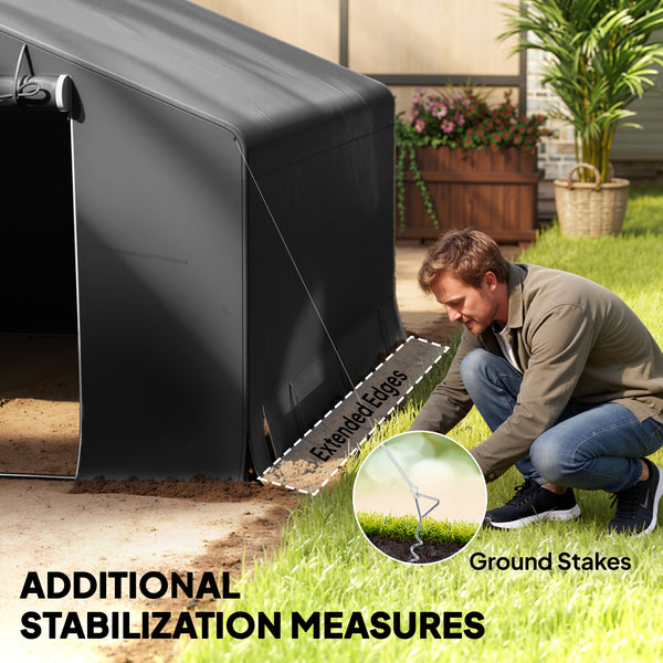 Portable waterproof garden shed with roll-up zip door and reinforced galvanized metal frame, dark grey