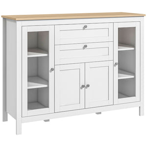 Buffet avec 2 tiroirs, 3 placards, portes vitrées et étagères réglables, blanc