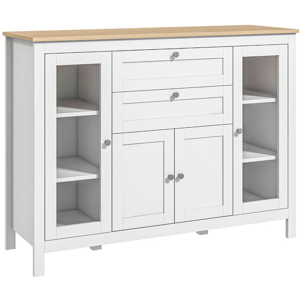 Buffet avec 2 tiroirs, 3 placards, portes vitrées et étagères réglables, blanc
