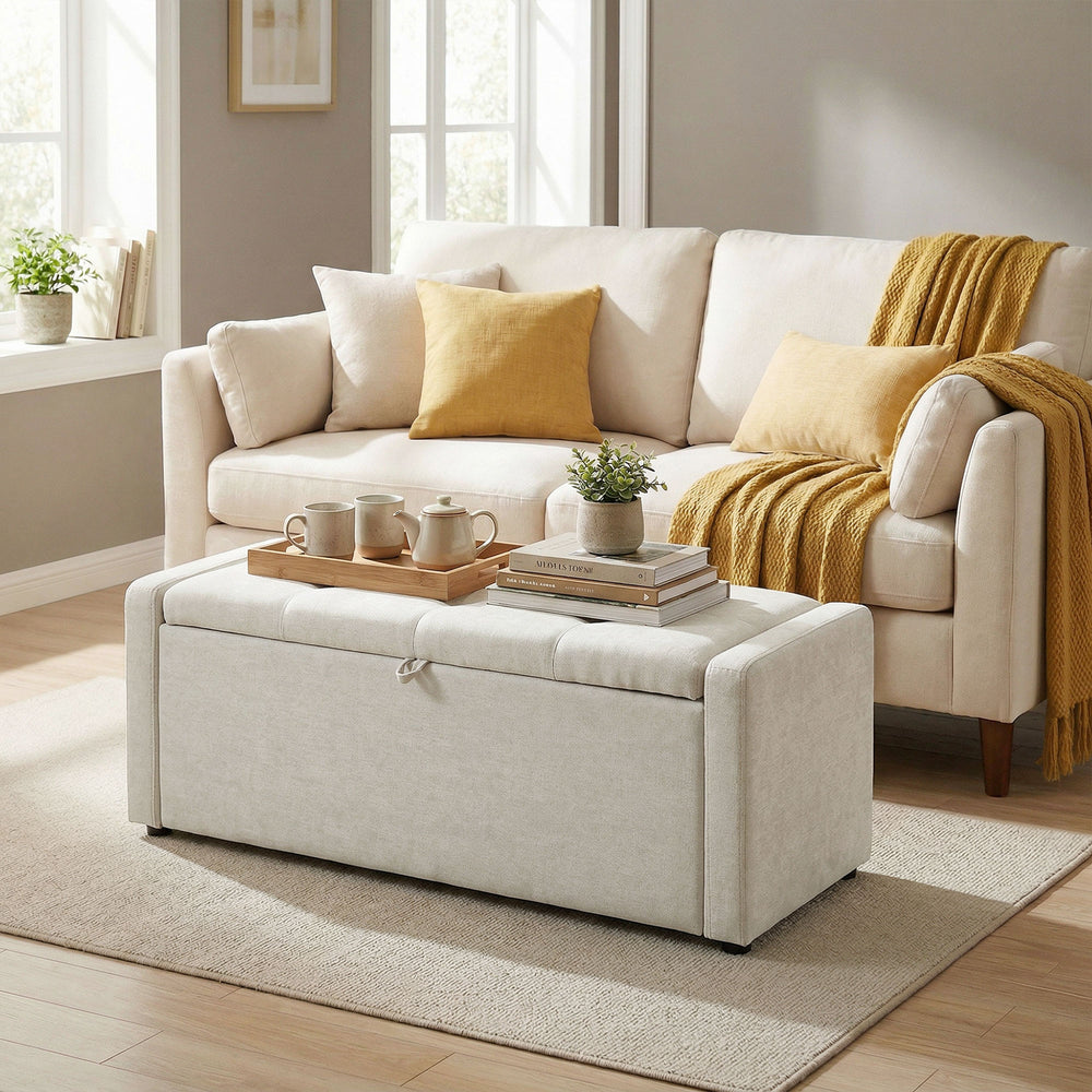 Banc-pouf de rangement rembourré en tissu aspect lin avec rangement, assise large et rembourrée, blanc crème