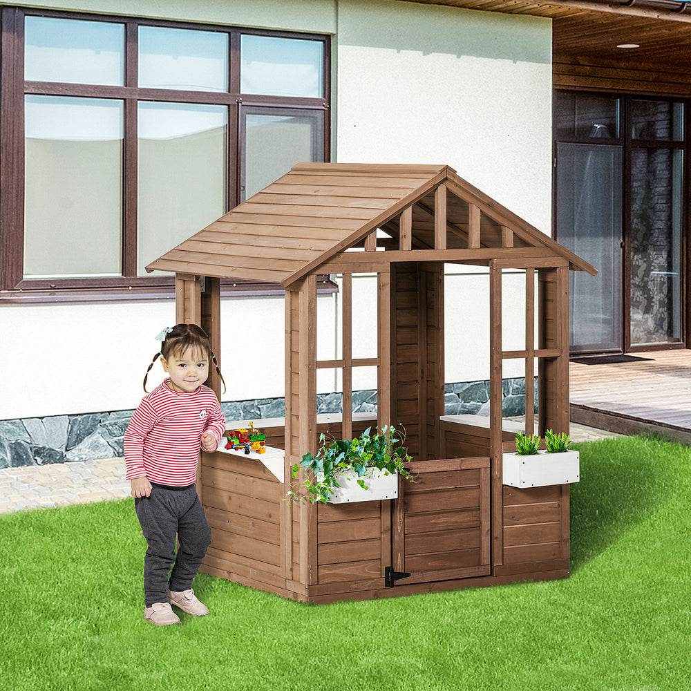 Maisonnette de jeux en bois avec cache-pot, porte et fenêtres fonctionnelles, marron