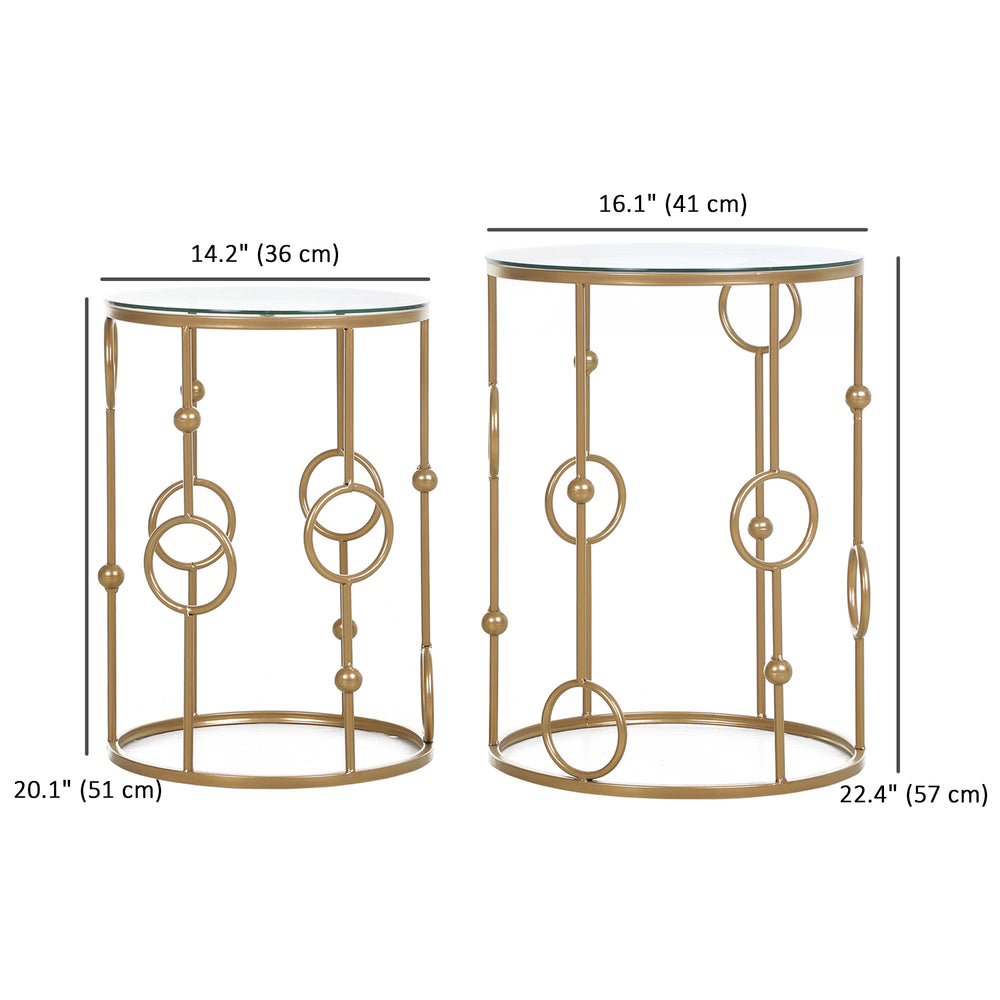 Lot de 2 tables basses rondes dorées avec plateau en verre trempé