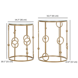 Lot de 2 tables basses rondes dorées avec plateau en verre trempé