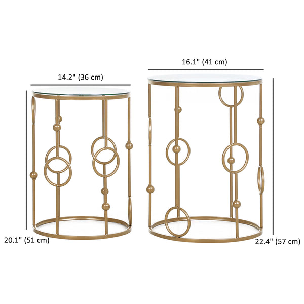 Lot de 2 tables basses rondes dorées avec plateau en verre trempé