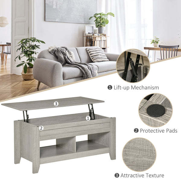 Table basse relevable avec compartiment de rangement dissimulé, gris clair