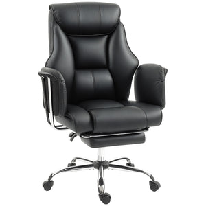Upholstered reclining office chair with high backrest, faux leather upholstery, footrest, swivel casters, black