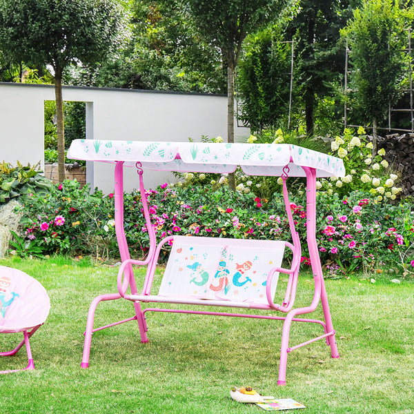 2-Seat Kids Porch Swing Chair, Children Outdoor Patio Furniture Lounge Chair for Garden, with Adjustable Canopy, Seat Belt, Mermaid Pattern, for 3-6 Years Old, Pink