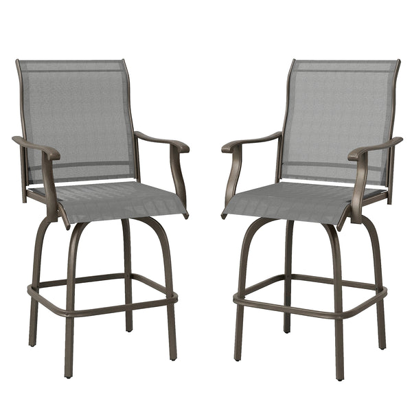 Outdoor Bar Stools Set of 2, Swivel Bar Height Chairs with High Back, Curved Armrests and Steel Frame, Light Grey