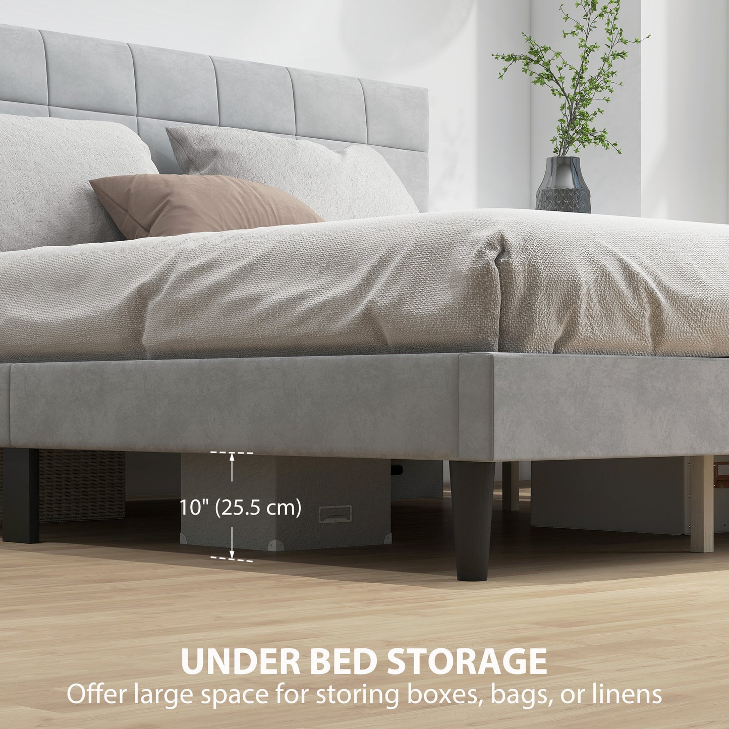 Base de lit Queen Size avec tête de lit rembourrée, gris