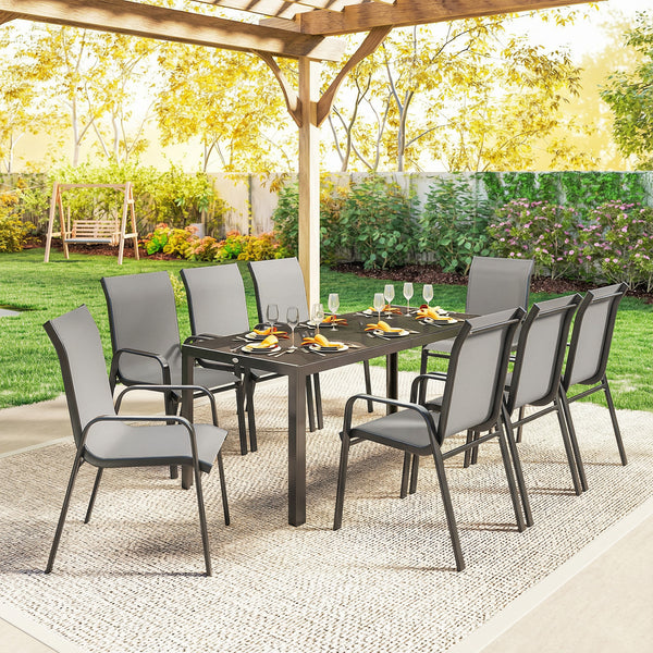 Ensemble de patio 9 pièces avec chaises empilables avec plateau en verre, gris clair