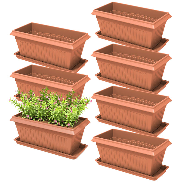 Lot de 7 pots de fleurs en plastique avec trous de drainage et soucoupes, marron