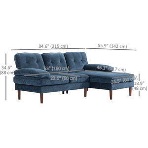 Modern corner sofa with chaise longue, 3 seater upholstered with wooden legs for living room, navy blue