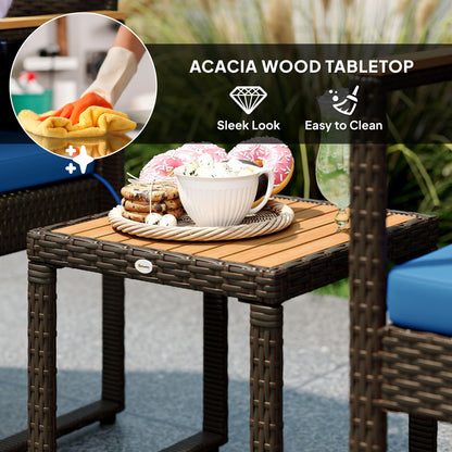 Outsunny 3 Piece Wicker Garden Furniture Set, Rattan Bistro Set with Acacia Wood Table and Removable Cushions, Dark Blue