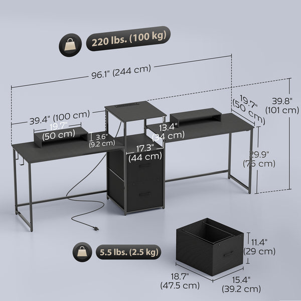 Bureau gaming 96 pouces  double pour 2 personnes avec prises électriques et supports pour écrans, noir