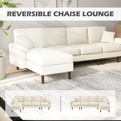 HOMCOM Modern L-Shaped Sectional Sofa with Removable Chaise, Cushions and Wooden Legs for Living Room, Cream White