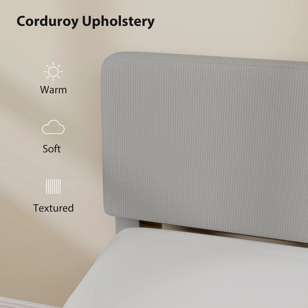 King size bed frame with adjustable upholstered headboard, wooden slatted base, quiet, light grey