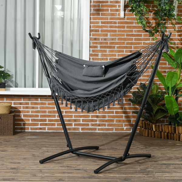 Patio Hammock Chair with Stand, Outdoor Hammock Swing Hanging Lounge Chair with Side Pocket and Headrest, Dark Grey