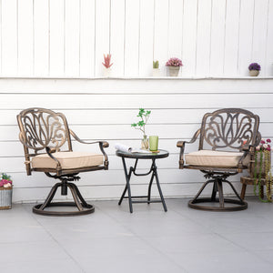 Ensemble de 2 chaises pivotantes avec coussins, structure en aluminium, couleur bronze.