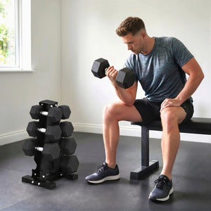 Ensemble de 8 haltères hexagonaux de 15 à 30 lb avec support de rangement vertical