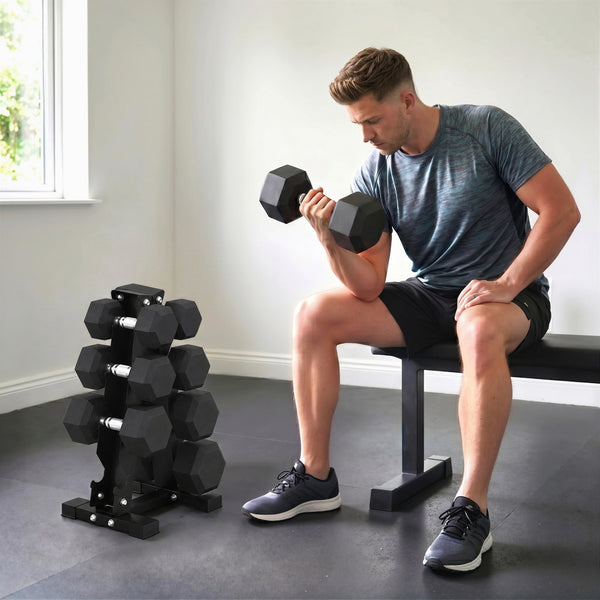 Ensemble de 8 haltères hexagonaux de 15 à 30 lb avec support de rangement vertical