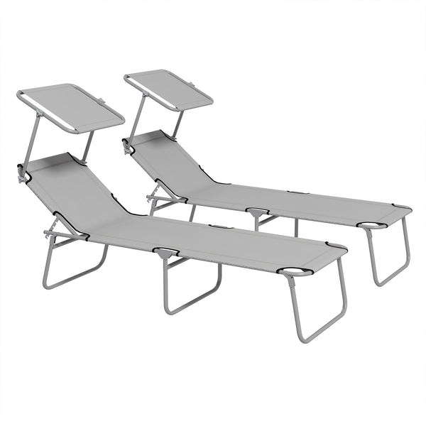 2Pcs Outdoor Lounge Chair, Adjustable Folding Chaise Lounge with Sun Shade for Beach, Camping, Hiking, Light Grey