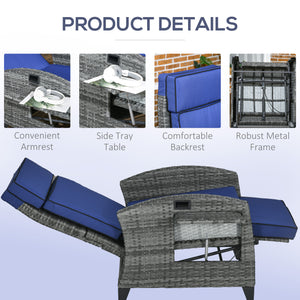 Outdoor Recliner Chair with Adjustable Backrest, Cushion, Side Tray, Dark Blue