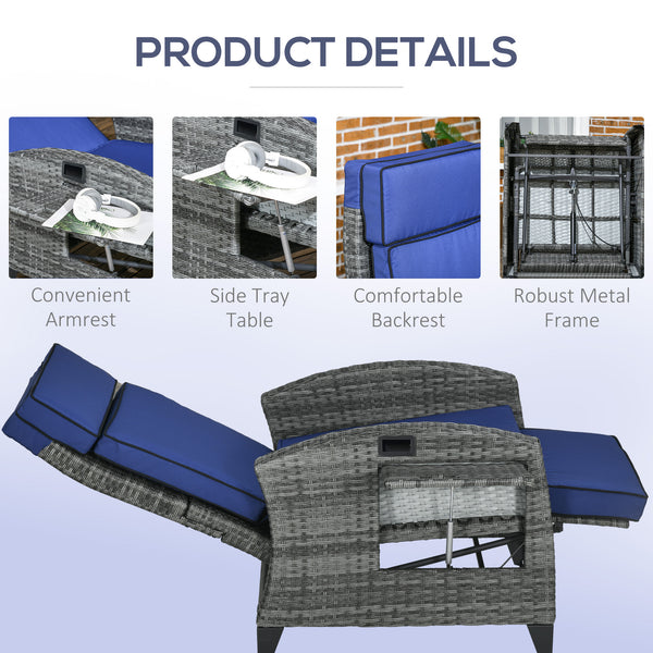 Outdoor Recliner Chair with Adjustable Backrest, Cushion, Side Tray, Dark Blue