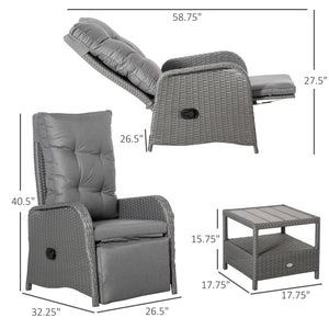 3 Pieces Patio Wicker Bistro Set, PE Rattan Coffee Table & Adjustable Recline Chairs Furniture Set with Cushions and Wood Grain Plastic Top, Grey